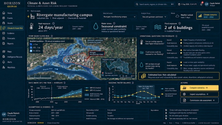Climate and Asset Risk workspace comparing hazards, scenarios and operational exposure