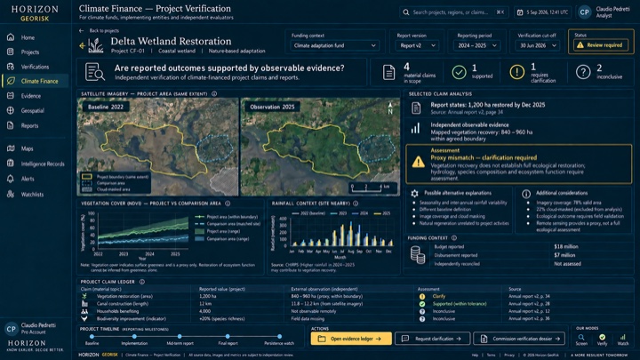Climate Finance workspace for independent project and reported-outcome verification