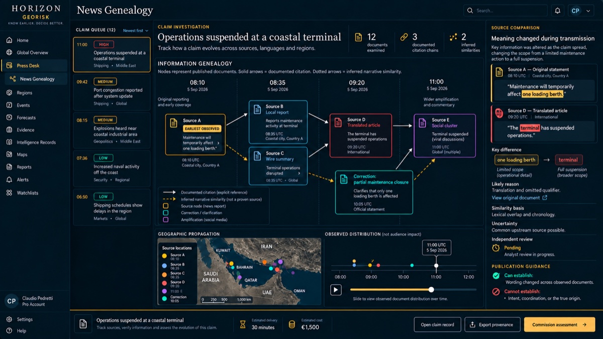 News Genealogy workspace tracing citations, narrative changes and geographical spread