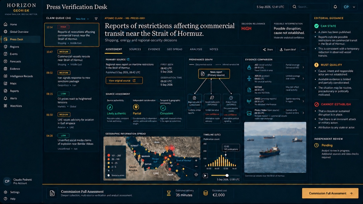 Press Verification Desk showing claim relevance, provenance, corroboration and qualified assessment