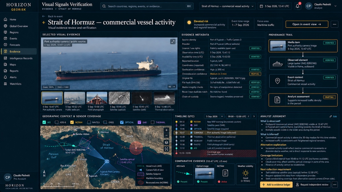 Maritime activity and visual evidence workspace with vessel observations, imagery and provenance